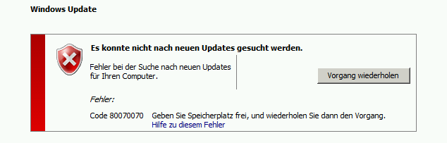 Windows Update Fehlercode 80070070