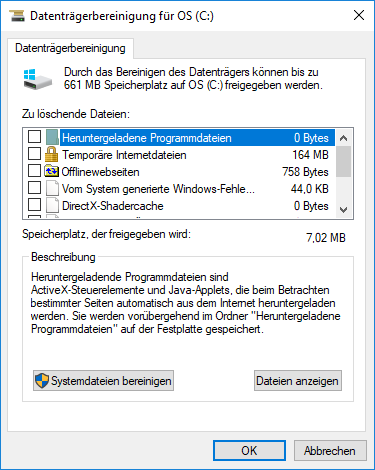 Datenträgerbereinigung in Windows 10 - Standardansicht
