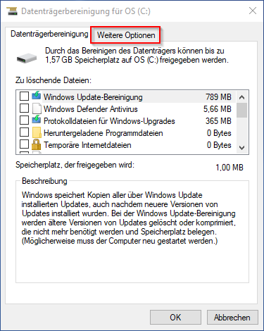 Datenträgerbereinigung in Windows 10 - Weitere Optionen öffnen