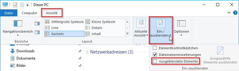 Vereinfachtes anzeigen der versteckten Dateien unter Windows 8 / 8.1 / 10