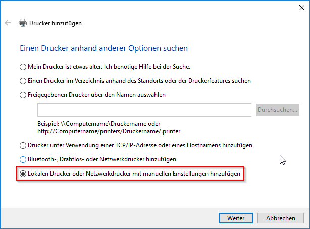 Lokalen Drucker oder Netzwerkdrucker mit manuellen Einstellungen hinzufügen