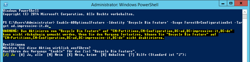 PowerShell-Befehl um den Active Directory-Papierkorb zu aktivieren